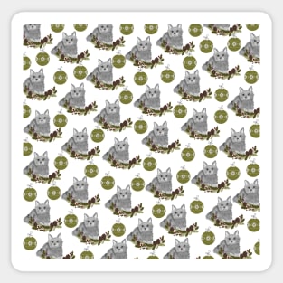 Grey Cat Pattern with Green Ornaments in White Background Sticker